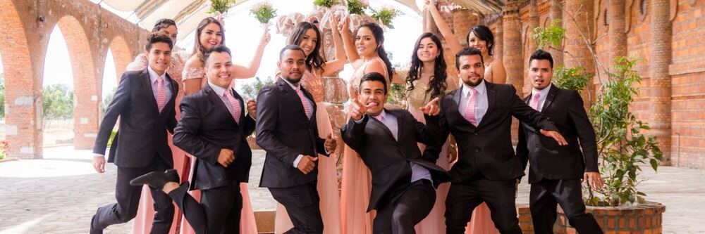 Groomsmen and bridesmaids posing together